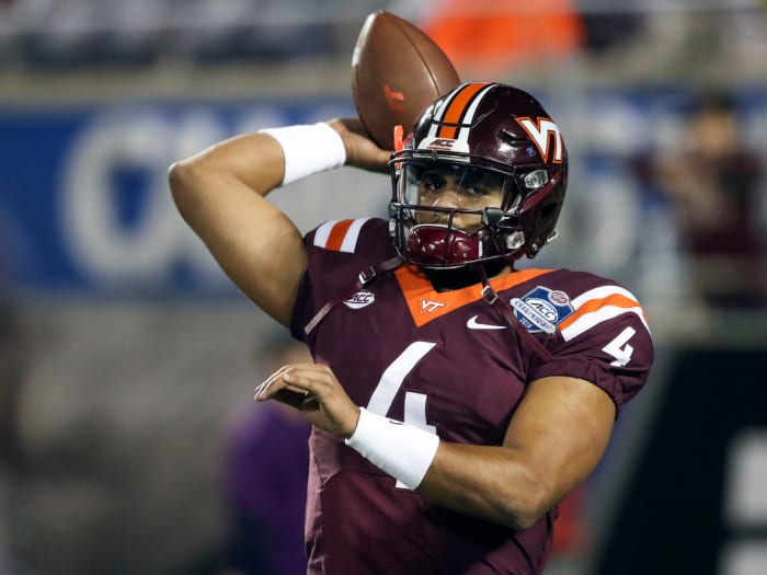 Dec 3, 2016; Orlando, FL, USA; Virginia Tech Hokies quarterback Jerod Evans (4) warms up prior to a game against the Clemson Tigers during the ACC Championship college football game at Camping World Stadium. Mandatory Credit: Logan Bowles-USA TODAY Sports